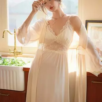 Весна-лето кимоно халат платье женский длинный 2 шт халат комплект пижамы сексуальная кружевная ночная рубашка интимное белье атласное домашнее платье M
