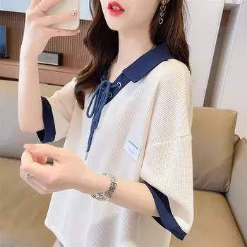 Весна Лето Контрастная шнуровка Свободные футболки Поло с длинным рукавом Лоскутные трендовые топы Футболки Повседневная мода Женская одежда 2XL