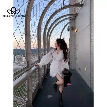 Весна-лето, корейский стиль, белое кружевное платье с v-образным вырезом и длинными рукавами на шнуровке, темпераментная нежная юбка-тортик, короткое платье XS белый