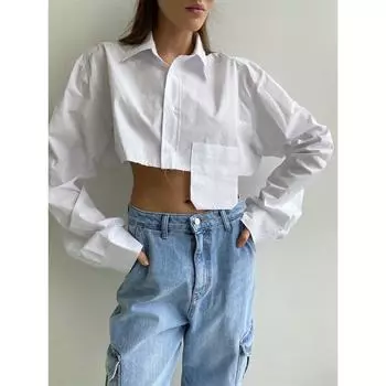 Весна-лето Короткая однотонная рубашка с длинными рукавами для женщин с накладными карманами на лацканах и открытым пупком Блузки и рубашки S армия зеленый