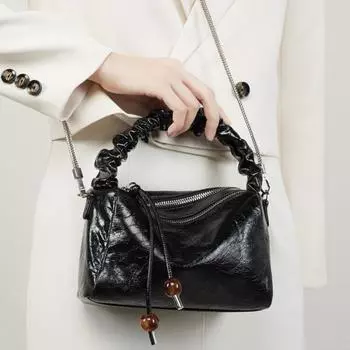 Весна/лето Кожаная женская сумка Сумка с бусинами Сумка для ланча Сумка через плечо Сумка-подушка для поездок на работу чёрный