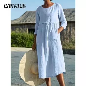 Весна-лето Круглый вырез Карман на пуговицах Средний рукав Однотонное платье S синий