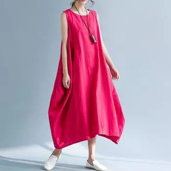 Весна-лето круглый вырез плюс размер без рукавов свободное однотонное платье с карманами для женщин S фиолетовый