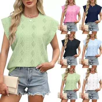Весна-лето Круглый вырез Свободная футболка с короткими рукавами Жаккардовый топ Жилет для женщин Футболки женские S белый