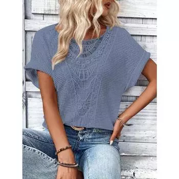 Весна Лето Кружева Сращивание Однотонные Свободные Повседневные Короткие Рукава Женская Одежда Футболки Женские S
