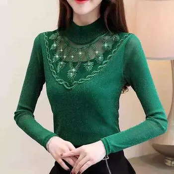 Весна-лето, кружевная рубашка, женская дикая тонкая рубашка большого размера, тонкий ромбовидный топ с половиной высокого воротника XXXL