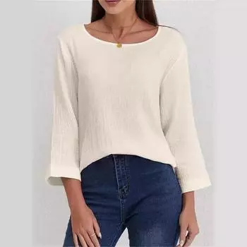 Весна-лето Льняная хлопковая однотонная блузка с круглым вырезом и рукавом девять четвертей Повседневная рубашка для поездок на работу для женщин S чёрный