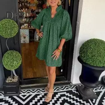 Весна-лето Мини-платье с V-образным вырезом, кружевом, лоскутным узором, цветочной аппликацией, рукавами-фонариками, плиссированным принтом, платье для свиданий, выпускного вечера, вечеринки S темно-синий