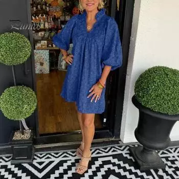 Весна-лето Мини-платье с V-образным вырезом, кружевом, лоскутным узором, цветочной аппликацией, рукавами-фонариками, плиссированным принтом, платье для свиданий, выпускного вечера, вечеринки S зелёный