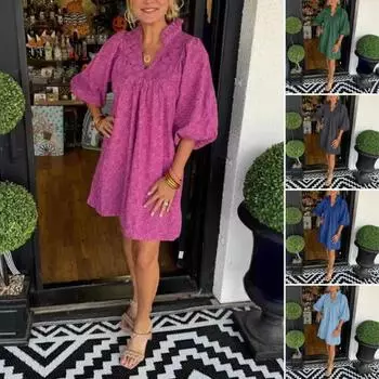 Весна-лето Мини-платье с V-образным вырезом, кружевом, лоскутным узором, цветочной аппликацией, рукавами-фонариками, плиссированным принтом, платье для свиданий, выпускного вечера, вечеринки S чёрный