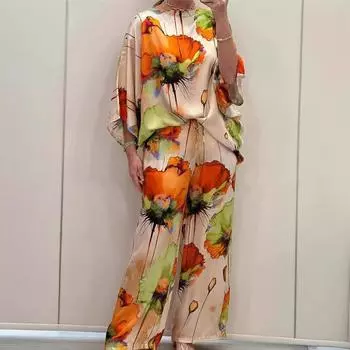 Весна Лето Мода Случайный Принт Комплект Из Двух Частей Женщин Повседневный OL Свободный Топ Широкие Штаны Комплект Из Двух Частей Женщин XXL жёлтый