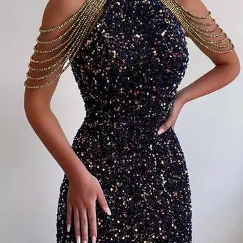 Весна/лето мода свисающая шея сексуальный кристалл кисточки запах бедра блестки европейский и американский платье вечернее платье средней талии XXL белый