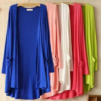 Весна-лето Модальный женский кардиган с длинными рукавами, солнцезащитная куртка среднего и длинного размера, свободный крой, пляжный костюм с кондиционером, тонкая одинарная куртка One size белый