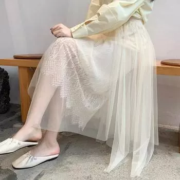 Весна-лето Модная женская однотонная сетчатая кружевная юбка асимметричного кроя Элегантная юбка средней длины для вечеринок из плиссированной марли One Size чёрный