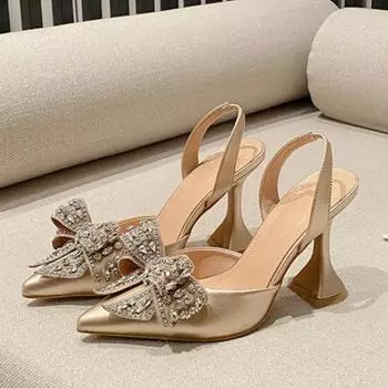 Весна-лето Модные женские туфли-лодочки со стразами и бантом Сексуальные шелковые туфли с острым носком Странные туфли на высоком каблуке для выпускного вечера Золотые серебряные 35