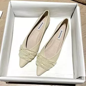 Весна-лето, модные женские туфли на плоской подошве, элегантные офисные женские туфли с острым носком и жемчугом, женские туфли на плоской подошве, черные 35 чёрный