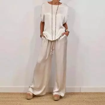 Весна-лето Модный однотонный гладкий атласный комплект из двух предметов, женский топ с коротким рукавом и круглым вырезом + широкие брюки, повседневный свободный комплект XXXL белый