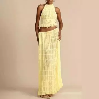 Весна Лето Модный Сексуальный Костюм С Открытой Спиной И Холтером Юбка Женский Кружевной Жилет Плиссированное Длинное Платье Комплект Элегантные Короткие Топы Свободные Юбки А-силуэта Наряд 2851 S белый