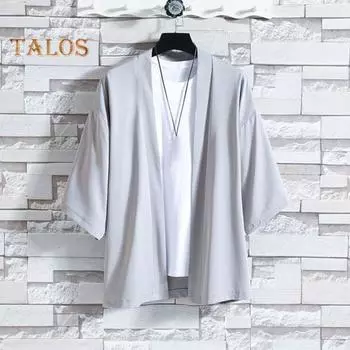 Весна Лето Мужская Рубашка Кардиган Китайский Стиль Рукава Три Четверти Открытая Строчка Свободная Повседневная Одежда Школа Свидания Топ Средней Длины L светло-серый