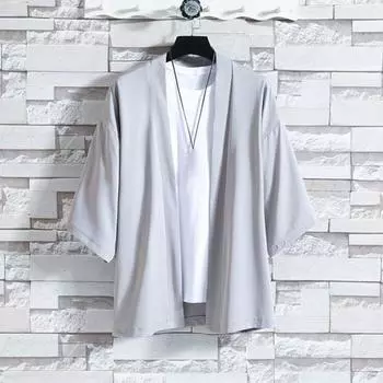 Весна-лето мужская рубашка кардиган в китайском стиле с рукавами три четверти с открытым стежком Свободная повседневная одежда Школьная одежда L светло-серый