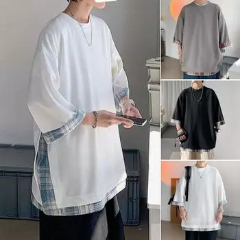 Весна Лето Мужские футболки Женские Большие 2XL Корейский Стиль Свободная Клетчатая Футболка Повседневная Футболка Семь Рукавов Мужская Белая XXXXXL белый