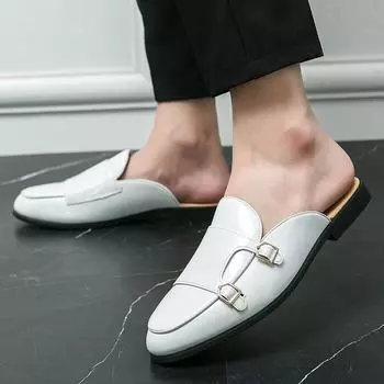 Весна-лето мужские кожаные модные легкие полутапочки летние мужские мокасины на плоской подошве тапочки для улицы мужская дышащая обувь 38 чёрный