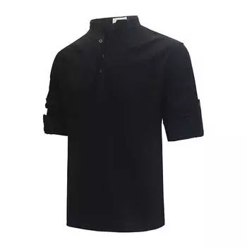 Весна-лето Мужские рубашки поло из хлопка и льна Повседневные легкие топы с длинным рукавом и воротником-хенли Однотонные рубашки для пляжа в гавайском стиле US S 50-60 KG чёрный