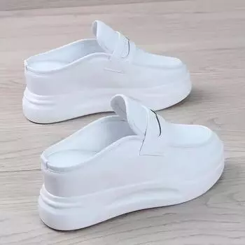 Весна Лето Новая мода на толстой подошве Верхняя одежда Сандалии 8 см Мюли Туфли Женские Кожаные Лоферы На Плоском Каблуке Тапочки Женские 34 белый