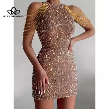 Весна-лето, новая мода, сексуальное платье с вырезом и кисточками на бедрах, с блестками, в европейском и американском стиле, вечернее платье со средней талией S розовый