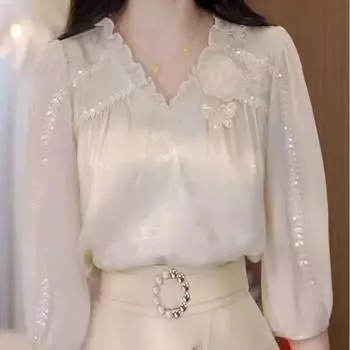 Весна Лето Новая мода V-образный вырез три четверти блузка женская High Street повседневная пэчворк съедобные древесные грибы универсальные пуловеры L бежевый