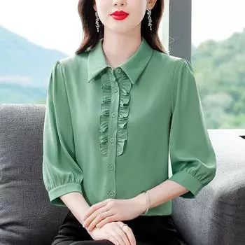 Весна-лето, новая модная женская рубашка с рукавами 3/4, однотонная блузка с отложным воротником и низом, отложной воротник, блузка с рюшами XXXL зелёный