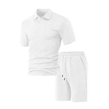 Весна Лето Новая Мужская Повседневная Спортивная Одежда Рубашка Поло для Бега Мужская Футболка с Коротким Рукавом и Шорты Жаккардовая Текстура Спортивные Костюмы Мужской S белый