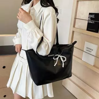 Весна/Лето, новая однотонная большая вместительная женская сумка через плечо из искусственной кожи, стильный дизайн, украшение в виде жемчужного банта,