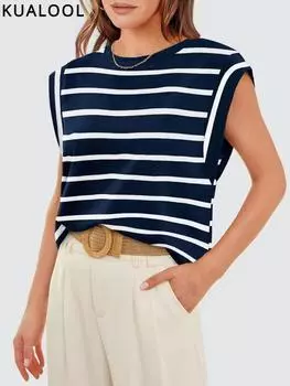 Весна/лето новая свободная футболка с круглым вырезом и короткими рукавами, полосатый топ, женская майка на бретелях S белый