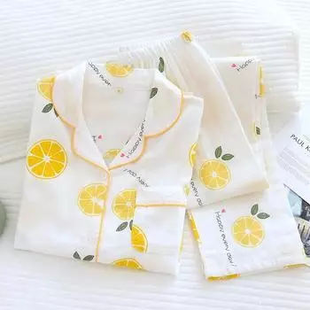 Весна/лето новая женская пижама из двух частей 100% хлопковая марля брюки с длинными рукавами кардиган с отворотом тонкий стиль домашний сервис M белый