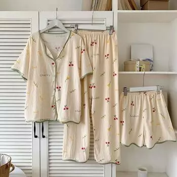 Весна-лето, новая женская пижама из трех предметов, одежда для отдыха, кардиган с пузырьками и жатым узором, милый мультяшный летний комплект пижамы для отдыха M