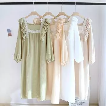 Весна-лето, новинка, женская ночная рубашка из 100% хлопкового крепа, тонкие рукава в виде листьев лотоса, квадратный вырез, однотонное длинное платье, большой размер M