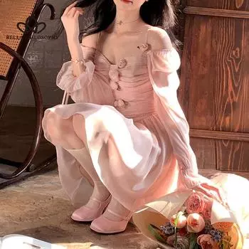 Весна-лето, новое розовое милое платье с пышными рукавами, розовое шифоновое платье феи, женское повседневное платье XS розовый