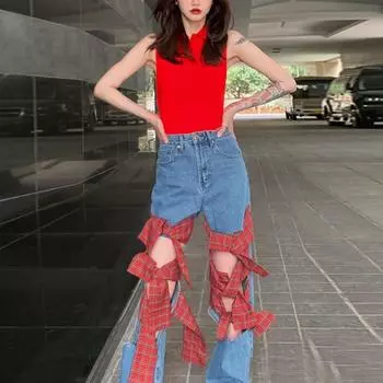 Весна-лето, новые брюки с бантом, большие размеры, с высокой талией, облегающие брюки прямого кроя с рваными нишами, 2022 M синий