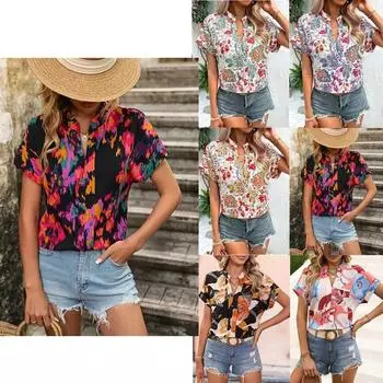 Весна Лето Новые футболки 2025 Для Женщин V-образный вырез Цветочный принт Короткий рукав Повседневные Тонкие Топы Модные Пуловеры Футболки S чёрный