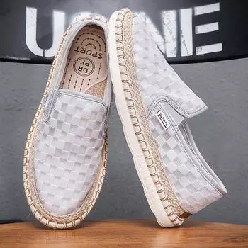 Весна-лето, новые туфли для мужчин, повседневная обувь из парусины, клетчатый принт, дышащие мокасины без застежек, классные туфли на плоской подошве для рыбалки 39 чёрный