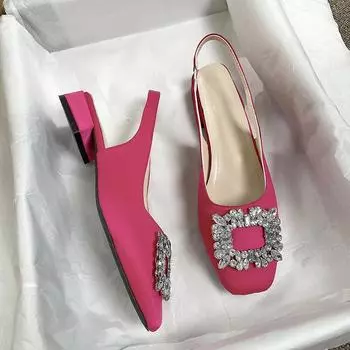 Весна-лето Новые женские босоножки с квадратной головкой, модные атласные стразы, квадратная пряжка, высокие каблуки, свадебные туфли, сандалии с закрытым носком 35 бежевый