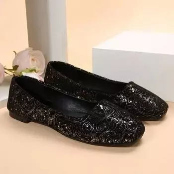 Весна-лето Новые женские туфли на плоской подошве Удобные туфли на плоской подошве с блестками Женские туфли-лодочки Черные женские балетки Большого размера 43 35 чёрный