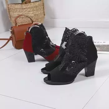 Весна-лето Новые женские туфли на высоком каблуке на платформе, женские толстые каблуки, сексуальные черные кружевные босоножки с открытым носком, модные женские туфли 35 чёрный