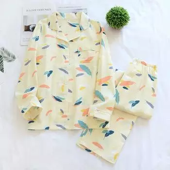 Весна/лето Новый стиль 100% хлопок пижама комплект женский с длинными рукавами из двух частей цвет перо плюс размер Home Service Kawaii M жёлтый