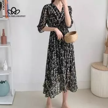 Весна-лето, новый стиль, шифоновое элегантное длинное платье с v-образным вырезом и средними рукавами, женское повседневное пляжное платье one size чёрный