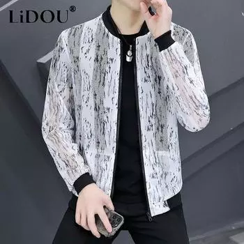 Весна Лето Новый Тонкий Стиль Солнцезащитная Одежда Мужская Мода Печать Длинный Рукав Кардиган Мужской Круглый Вырез Молния Ажурное Пальто L белый