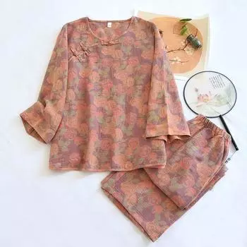 Весна/лето Новый женский пижамный комплект из 100% хлопка жаккард ретро на пуговицах для дома с длинными рукавами брюки комплект из двух предметов M красный