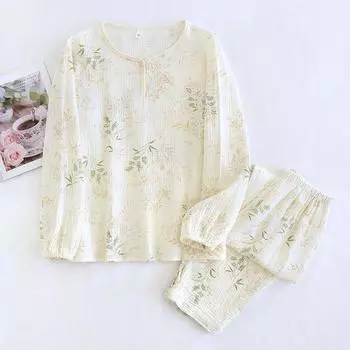 Весна/лето Новый женский пижамный комплект из 100% хлопкового крепа с круглым вырезом, пижама с длинными рукавами и длинными штанами, из двух частей, Sweet Home Fury M