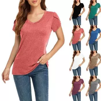 Весна-лето однотонная футболка с V-образным вырезом и короткими рукавами, женская одежда Футболки женские S чёрный